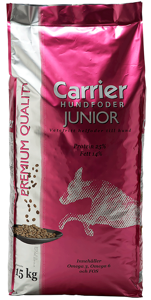 En rosa 15 kg påse med Carrier Junior hundfoder med en hundsilhuett och vit text.