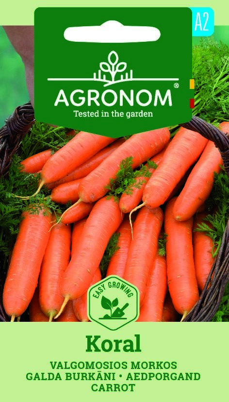 En korg med färsk, orange morot, Koral från Agronom-fröförpackning.