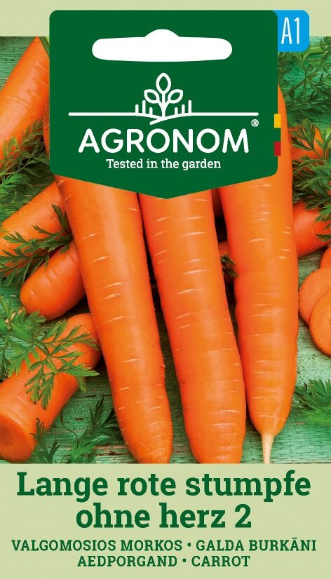 Morotsfrön: Lange Rote Stumpfe Ohne Herz 2 med gröna toppar på förpackningen.