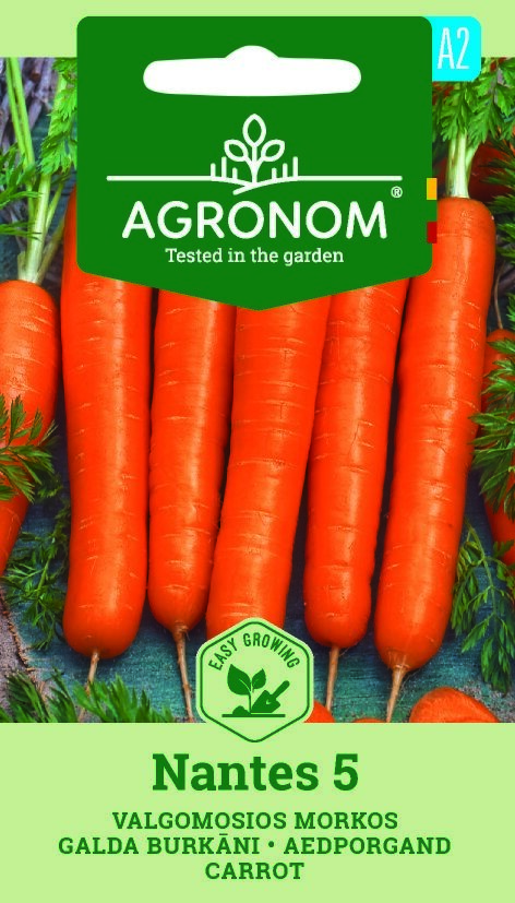 Morot, Nantes 5 med gröna toppar på Agronom-fröförpackning.