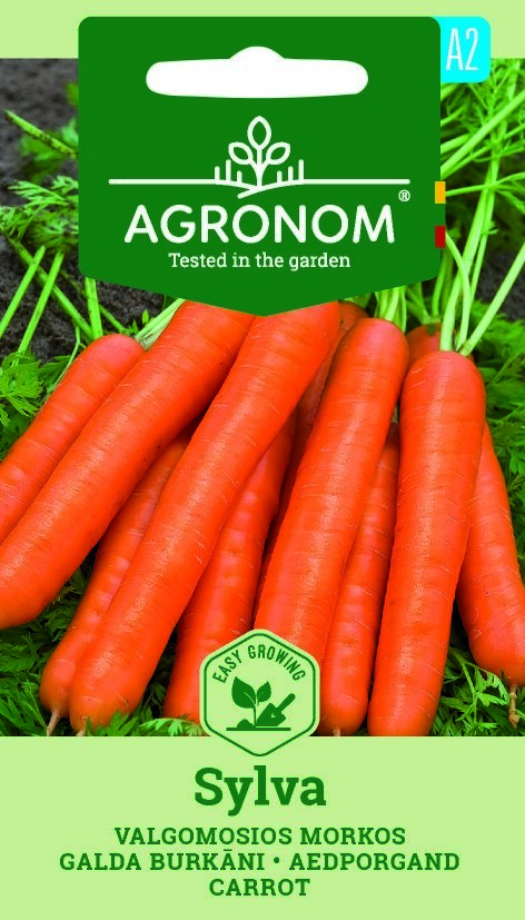 Fröförpackning märkt "Carrot, Sylva" med färska orange morötter med gröna toppar.