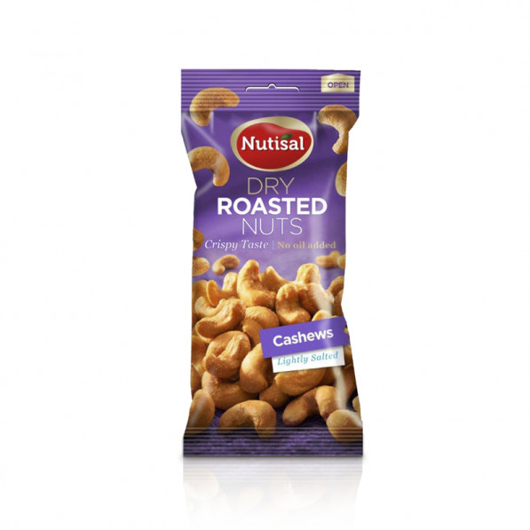 En 60 g påse Cashewnötter med lila design.