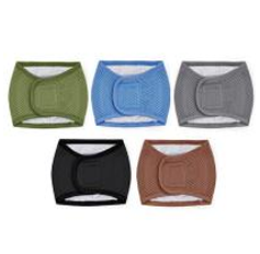 Fem selehållare i mesh i färgerna grön, blå, grå, svart och brun i två rader.