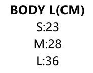 Text som visar kroppslängd i cm: S:23, M:28, L:36.
