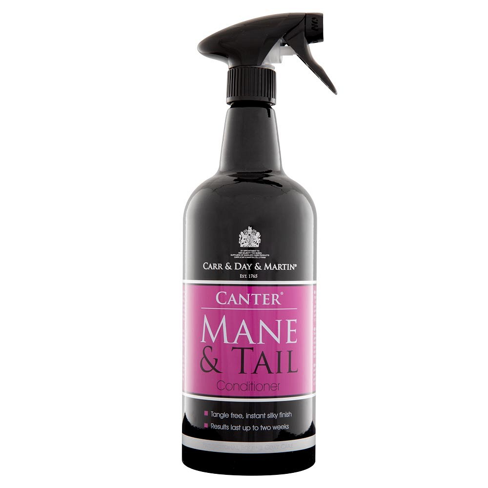 Black Canter Mane & Tail Conditioner Spray 1000ml med rosa och lila accenter.