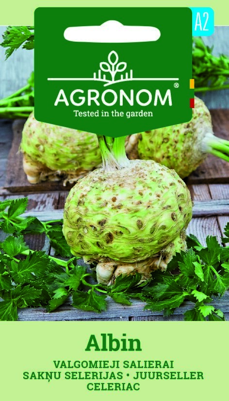 Paket med rotselleri, Albin-frön med bilder av rotselleri och gröna blad.