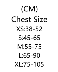 Storlekstabell som visar bröstmått i cm: XS 38-52, S 45-65, M 55-75, L 65-90, XL 75-105.