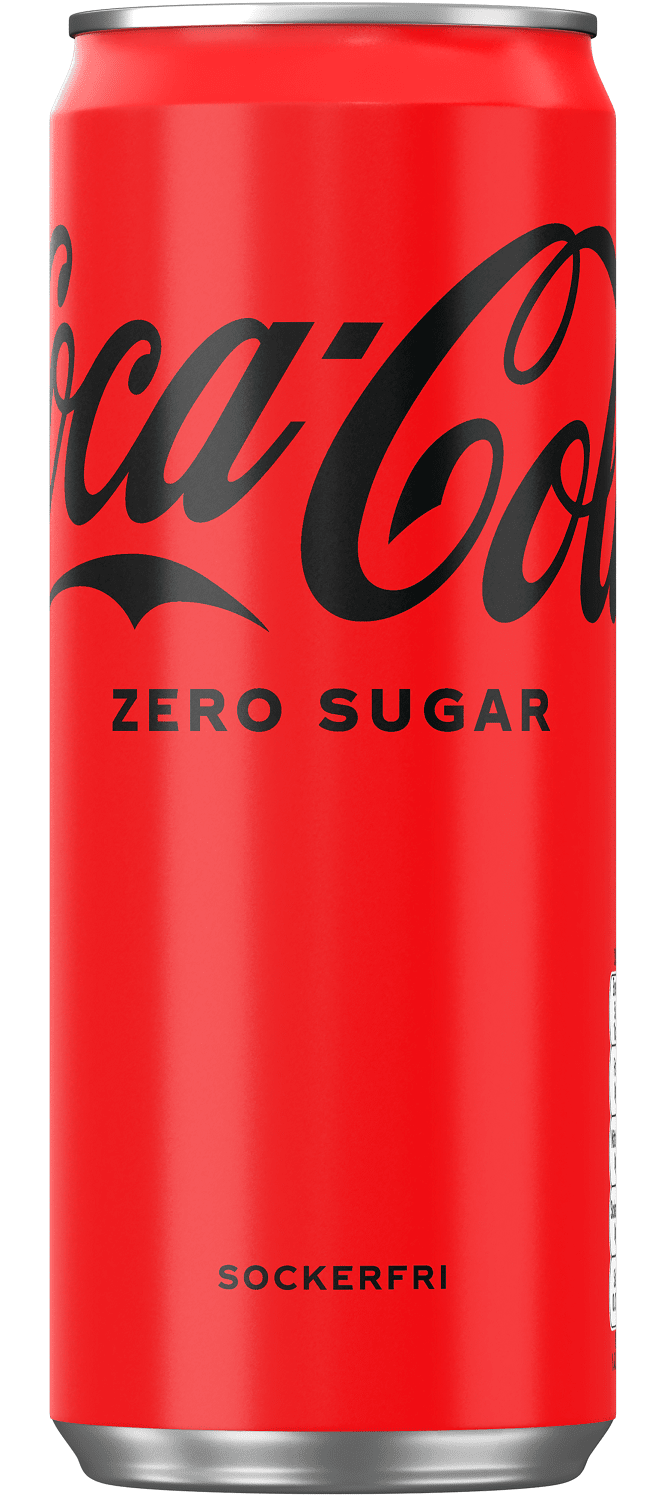 Hög röd Coca Cola ZERO burk, svart text, "sockerfri" i nederkant.
