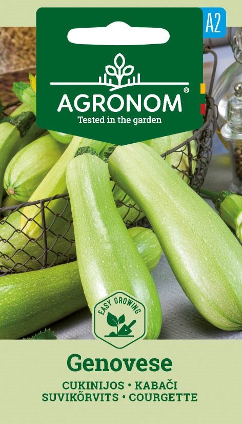 Paket med Courgette Genovese-frön med en bild av ljusgröna zucchinis.