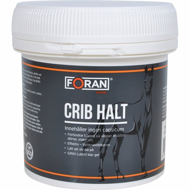 En 500 g vit plastburk märkt Crib Halt med en illustration av en häst på framsidan.