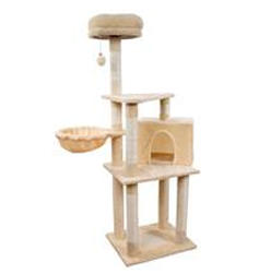 Beige katträd i flera nivåer med sittpinne, hängmatta, kubbhål och klösbrädor.