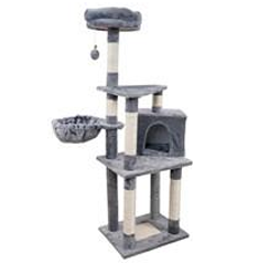 Grått katträd i flera nivåer med klösbrädor, en korg, en sittpinne och ett litet förvaringsutrymme.