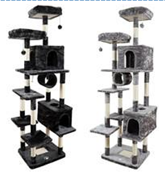 Två stycken Klösträd 206x60x50 med plattformar, kuber, klösbrädor och hängande leksaker.