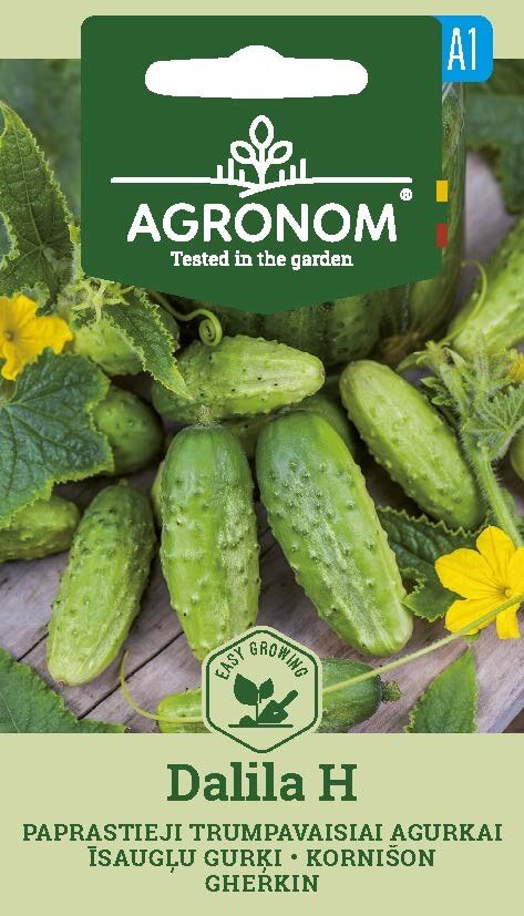 Dalila H Gurkfröpaket med bilder av gurkor och gula blommor.