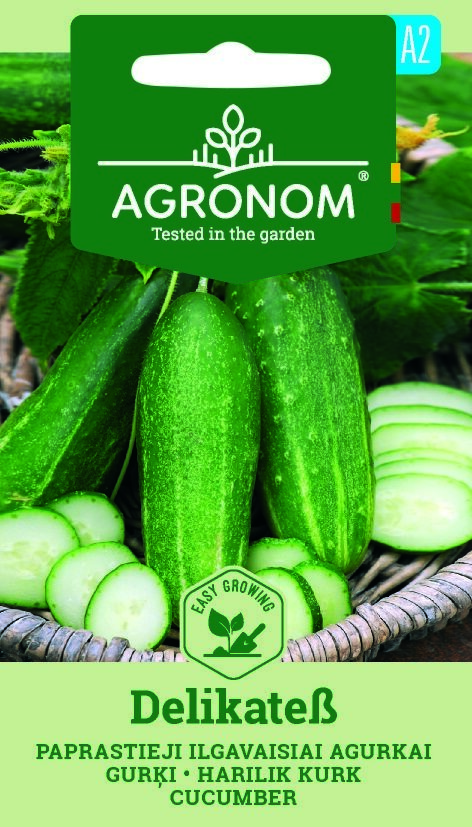 Gurka, Delikate i en korg med ett grönt fröpaket märkt Delikate.