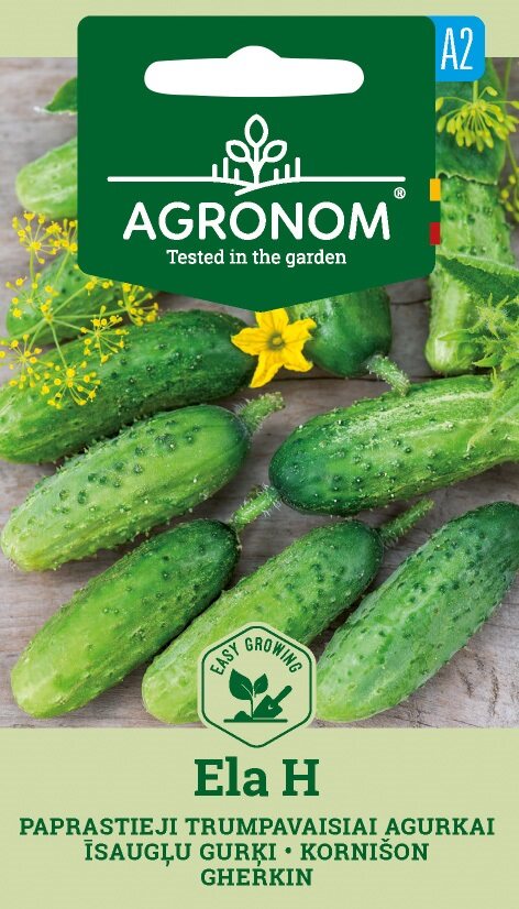 Paket med gurka, Ela H-frön med bilder av färska gröna gurkor och dillblommor.