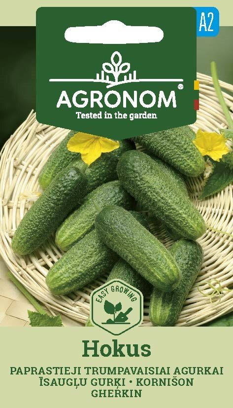 Förpackningar med gurka, Hokus-frön med färska gröna gurkor och gula blommor på omslaget.