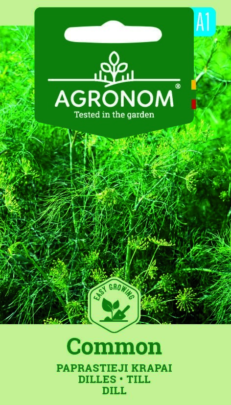 Förpackning med dill, vanliga frön med en bild av täta, gröna dillplantor.