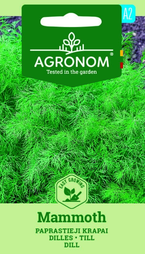 Förpackning med dillfrön, Mammutfrön med illustration av dillväxt i livlig grön färg.