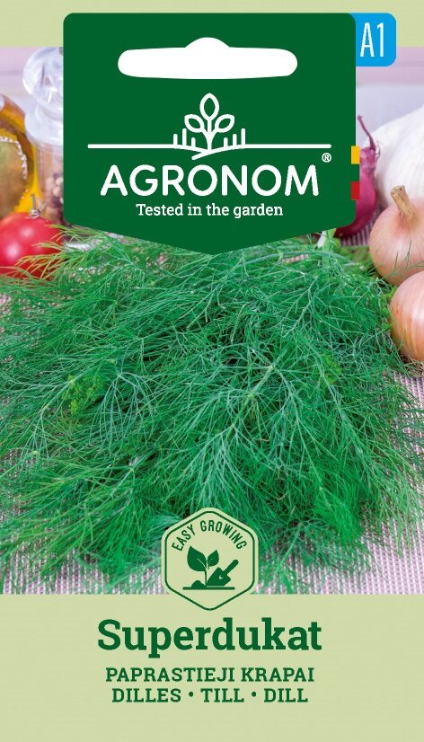 Ett paket Dill, Superdukat-frön med färsk dill på framsidan.