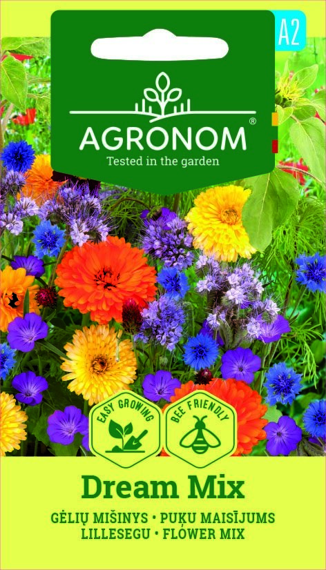 Paket märkt Flowers Seed Mixture Dream Mix med färgglada blommor och trädgårdsikoner.