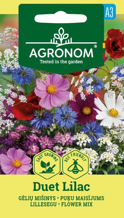 Flower Mix Duet Lilac fröförpackning med blommande lila, rosa, lila och vita blommor.