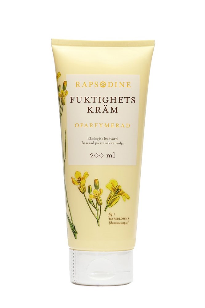 Beige tub med Fuktighetskräm Oparfymerad 200 ml med illustrationer av gula blommor.