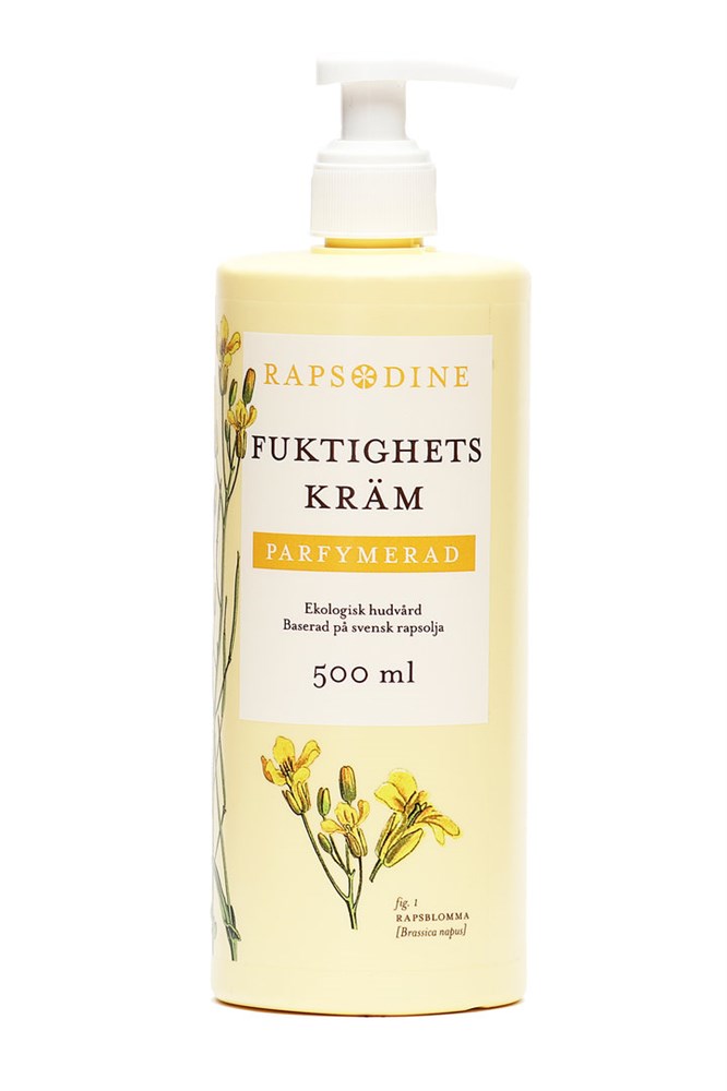 En gul 500 ml flaska med Rapsodine Fuktighetskräm med blomsterillustrationer.