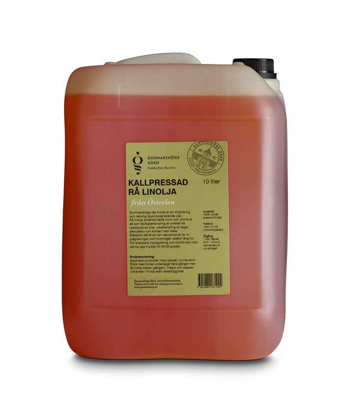 En 10L dunk av Rå linolja med en beige etikett.