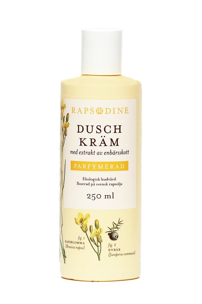 Gul flaska Duschkräm 250 ml duschkräm med blomsterillustrationer på etiketten.