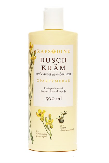 Gul flaska Rapsordine Duschkräm Oparfymerad 500 ml med botanisk etikettdesign.