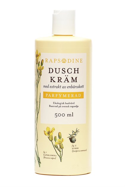 En 500 ml flaska Rapsordine Duschkräm med illustrerade gula blommor på etiketten.
