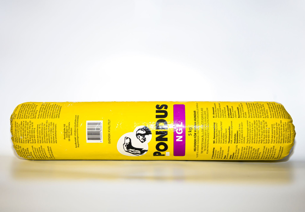 En gul rulle märkt pondus NGL 5kg Storkorv med text och en bild av en böjd arm.