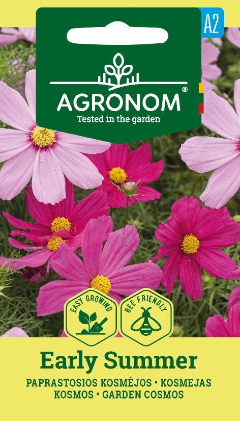 Garden Cosmos Early Summer frön på ett paket märkt av Agronom.