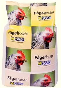 Värp EKO Trygg 15 kg kycklingfoderpåse med kycklingbilder och Svenska Foders logotyp.