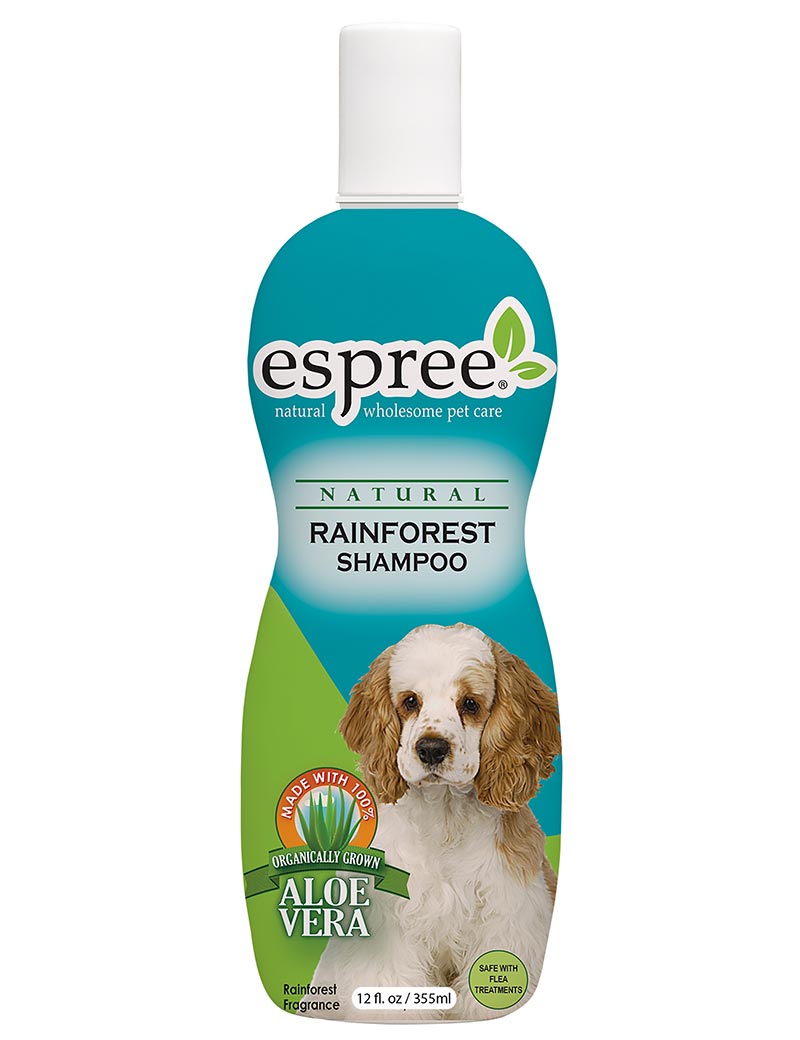 Espree Rainforest Shampoo för hundar med en valpbild på etiketten.