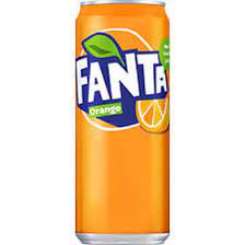 En hög orange burk Fanta orange med en apelsinskiva på etiketten.