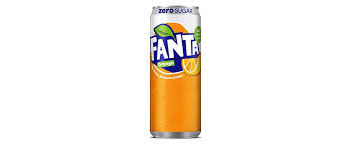 Hög burk Fanta Orange Zero med orange och bladmotiv på etiketten.