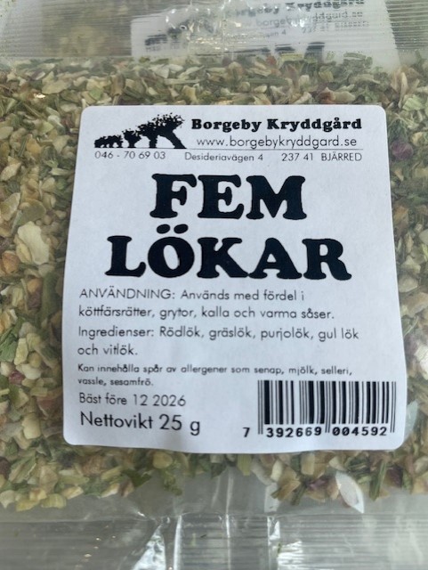 Ett 25g paket med fem lökar torkad lökmix från Borgeby Kryddgård.