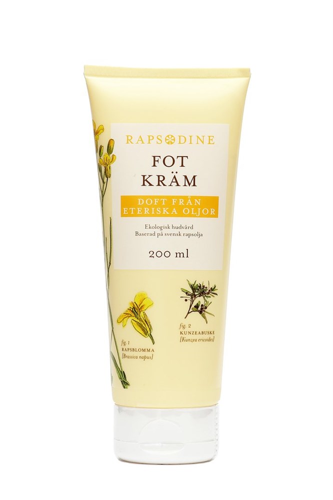 Gul tub med Fotkräm 200 ml med blommönster och svensk text.