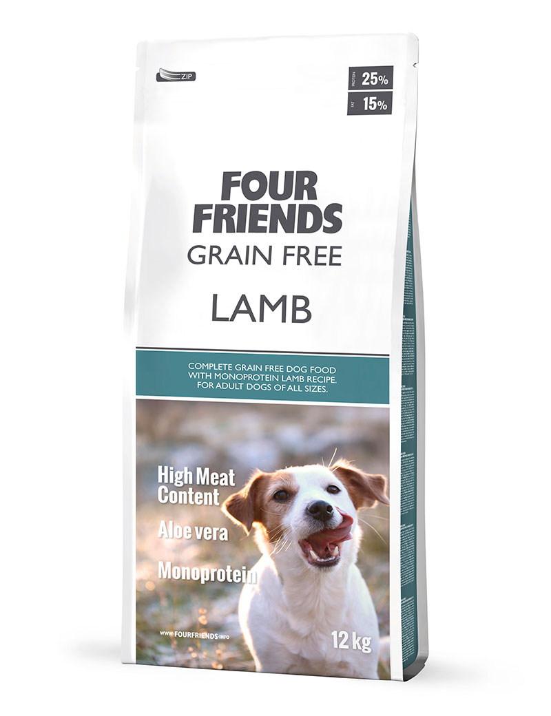 Påse med Four Friends Grain Free Lamb hundfoder med en glad hund på framsidan.