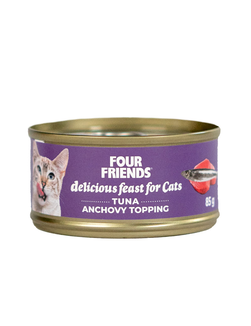 En burk Tuna & Anchovy 85g kattmat, lila etikett.