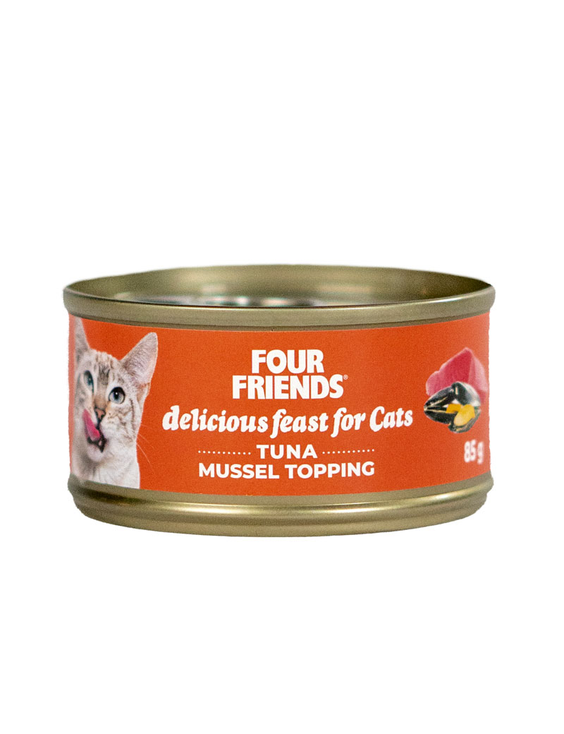 En burk Tuna & Mussel 85g kattmat med en kattbild på etiketten.