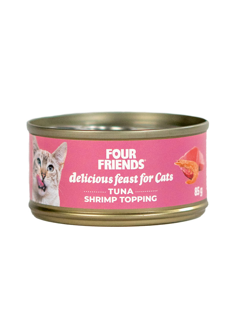 En burk Tuna & Shrimp 85g kattmat med rosa etikett och kattbild.