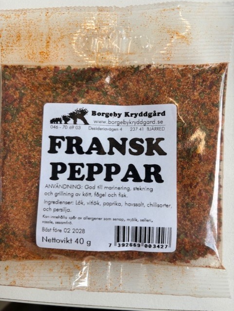 Fransk peppar 40g kryddblandning från Borgeby Kryddgård, märkt på svenska.