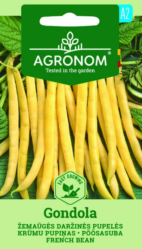 Förpackning med fransyska bönor dvärg, Gondola frön med bönor som visas på framsidan.