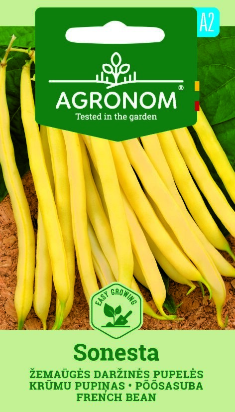Sonesta French Bean Dwarf med gröna blad och märkesförpackning.
