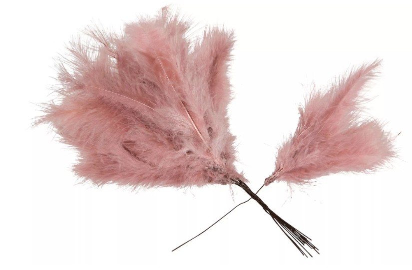 Tre Fjäder Trådad Vippa G.rosa stjälkar, fluffiga och rosa, mot en vit bakgrund.