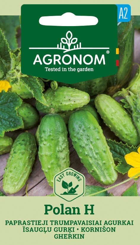 En förpackning med fröer av typen Gherkin, Polan H med gurkor och blad på framsidan.