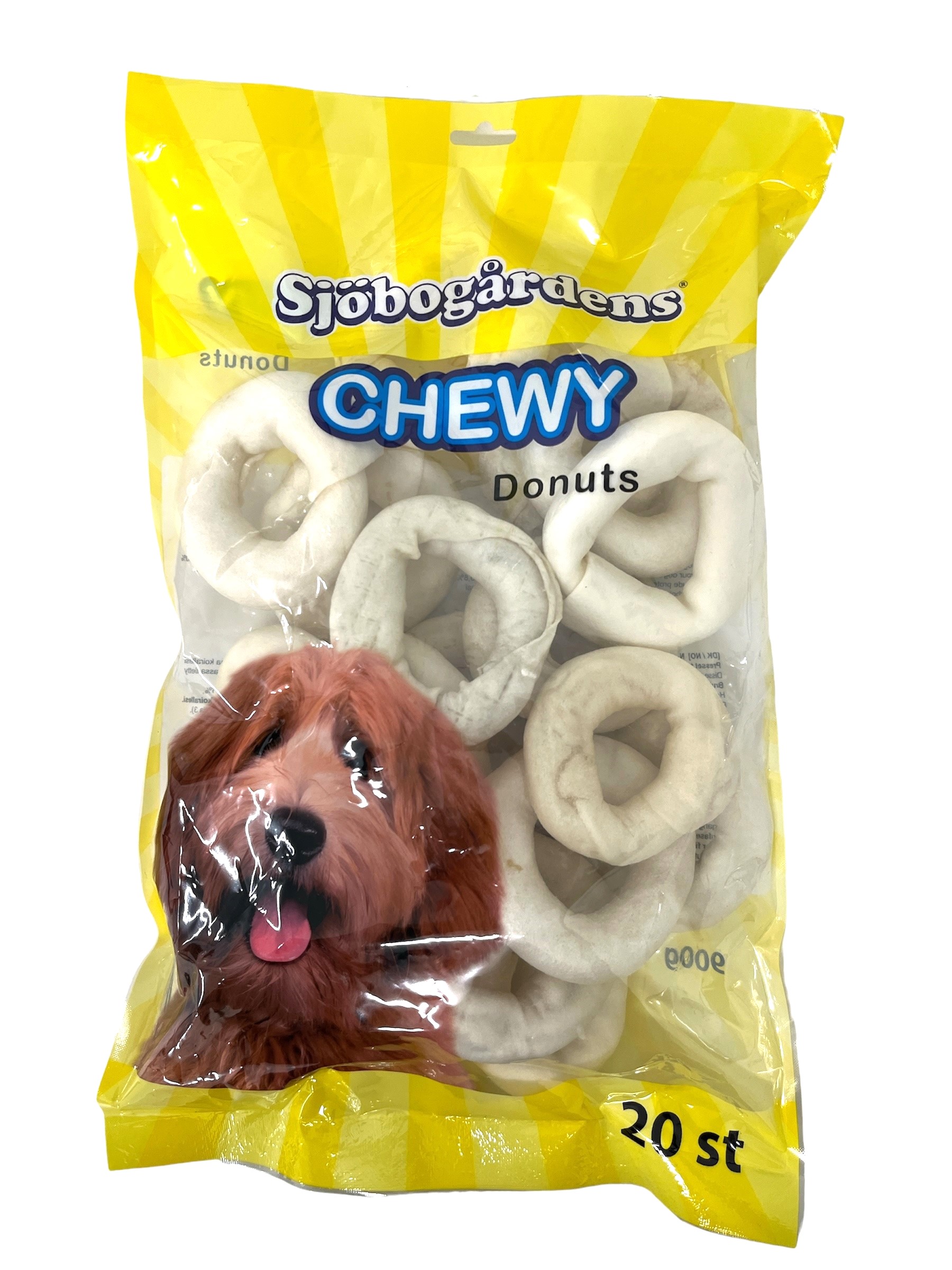 Ett 20-pack Chewy Donuts Tuggringar hundgodis med en tecknad hund på förpackningen.